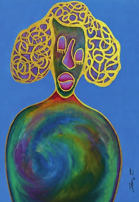 The Mother of the Universe : figure féminine aux cheveux d'or sur fond bleu, buste aux couleurs cosmiques